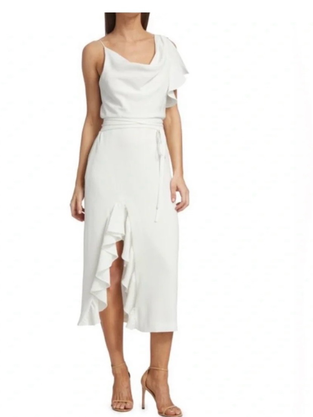 cinq à sept White One-Shoulder Ruffle Midi Dress